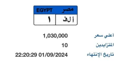 انتهاء مزاد على لوحة "أ ل ف- 1" المميزة بسعر تخطى مليون جنيه غدا