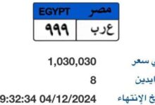 لوحة سيارة "ع ر ب- 999" المميزة سعرها يتجاوز مليون جنيه.. والمزاد مستمر